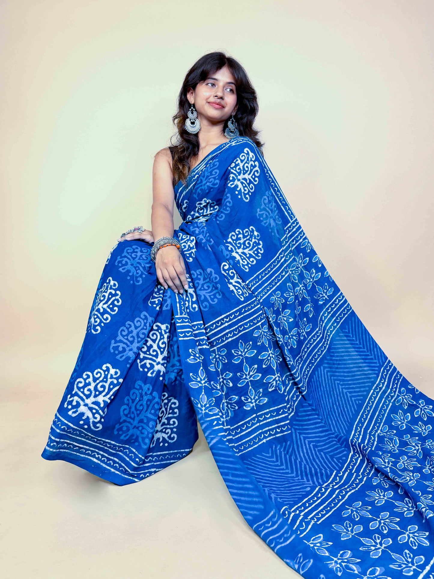 Indigo Blue Handblock Printed Cotton Saree
