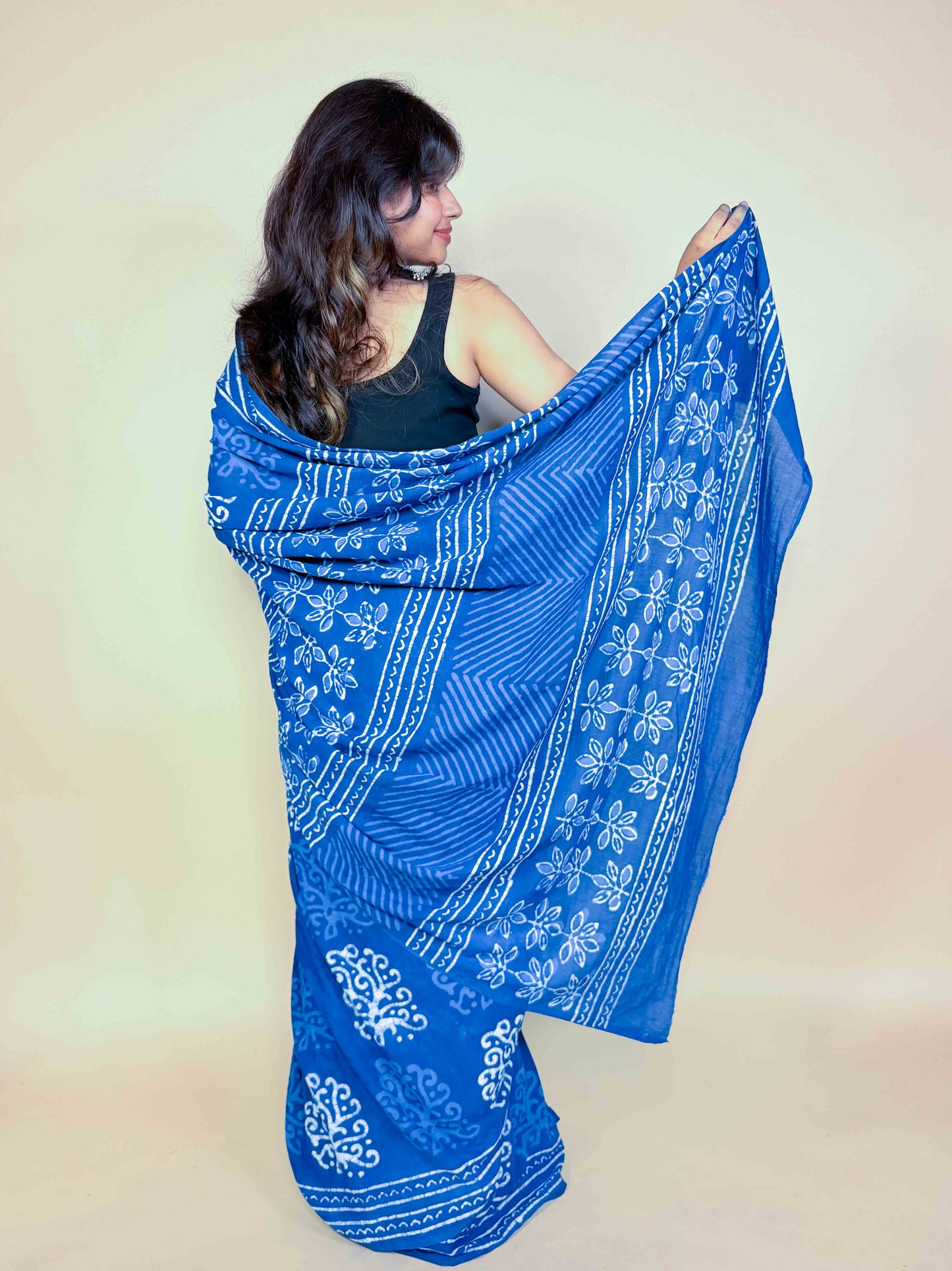 Indigo Blue Handblock Printed Cotton Saree