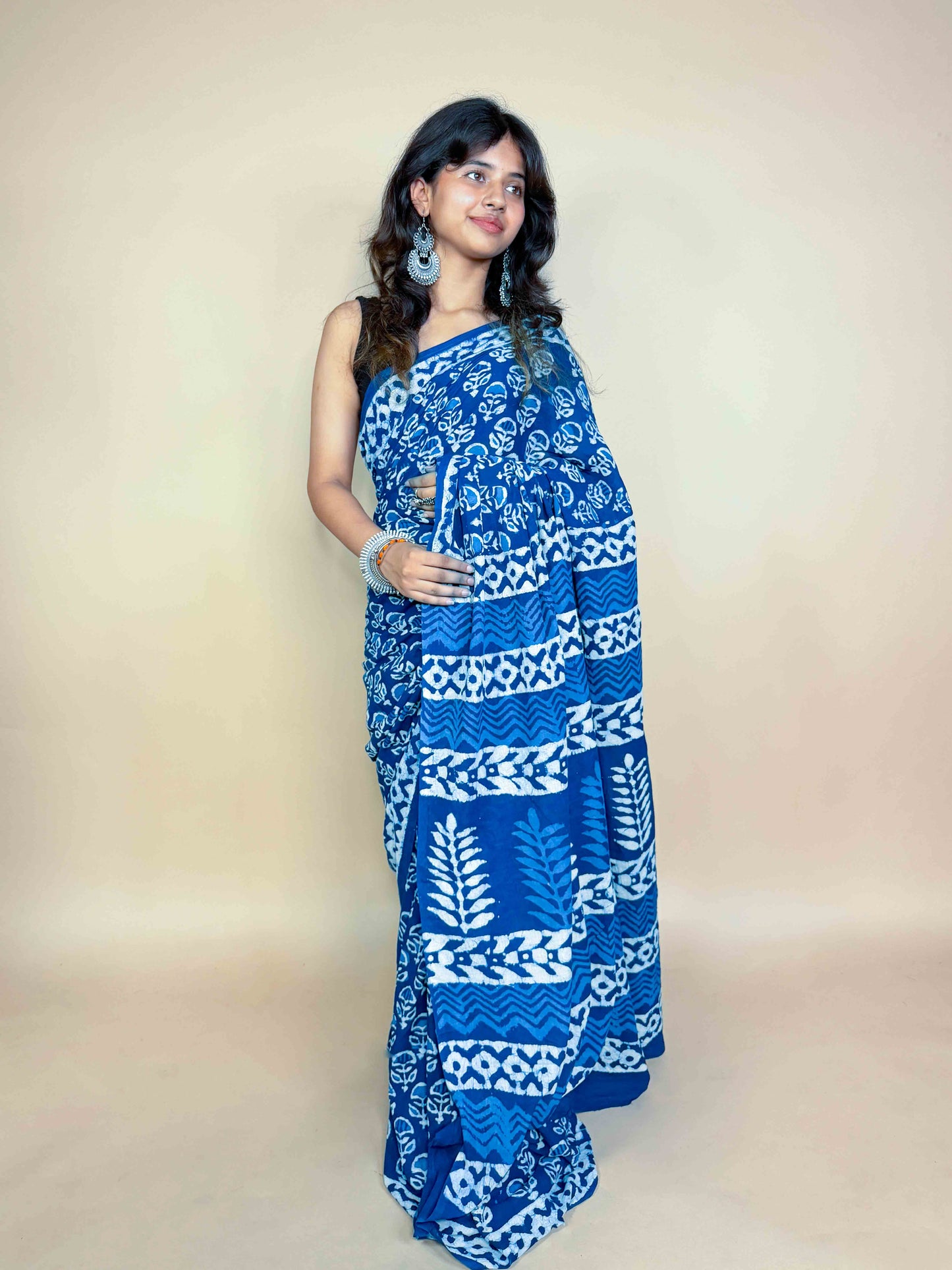 Indigo Blue Handblock Printed Cotton Saree