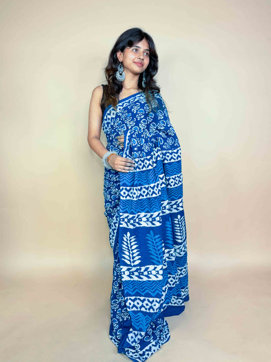 Indigo Blue Handblock Printed Cotton Saree