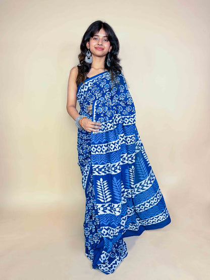 Indigo Blue Handblock Printed Cotton Saree