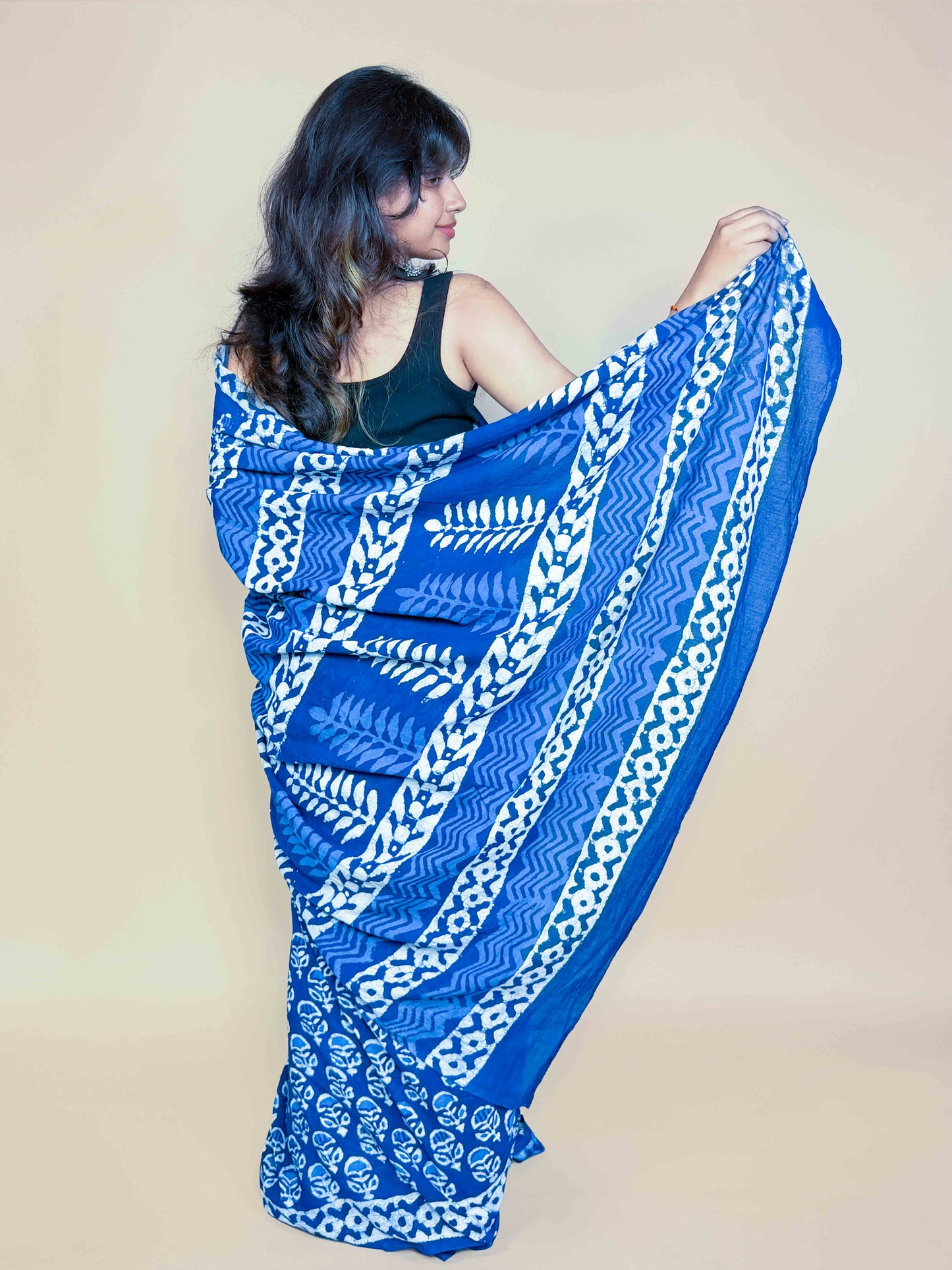 Indigo Blue Handblock Printed Cotton Saree