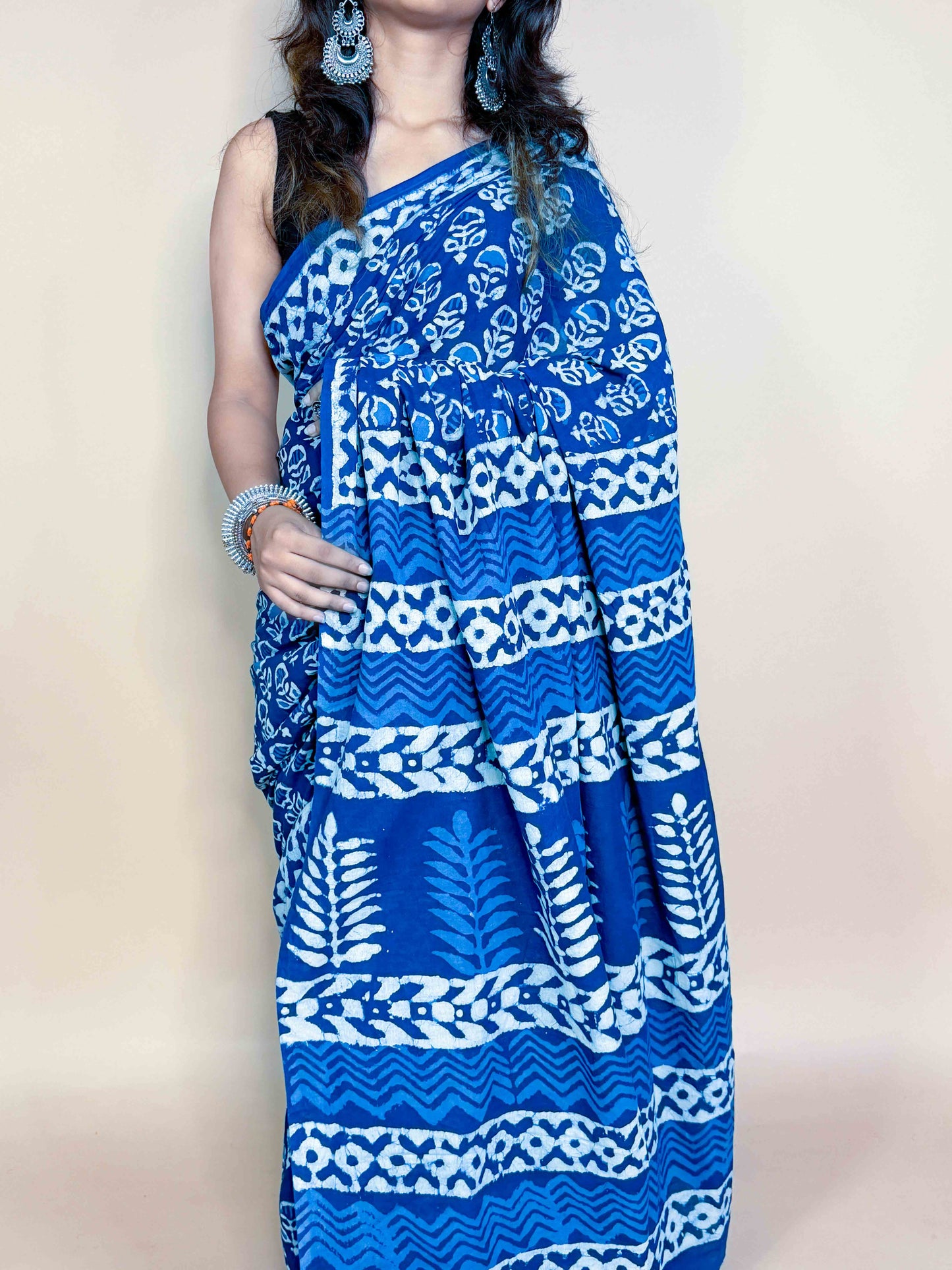 Indigo Blue Handblock Printed Cotton Saree