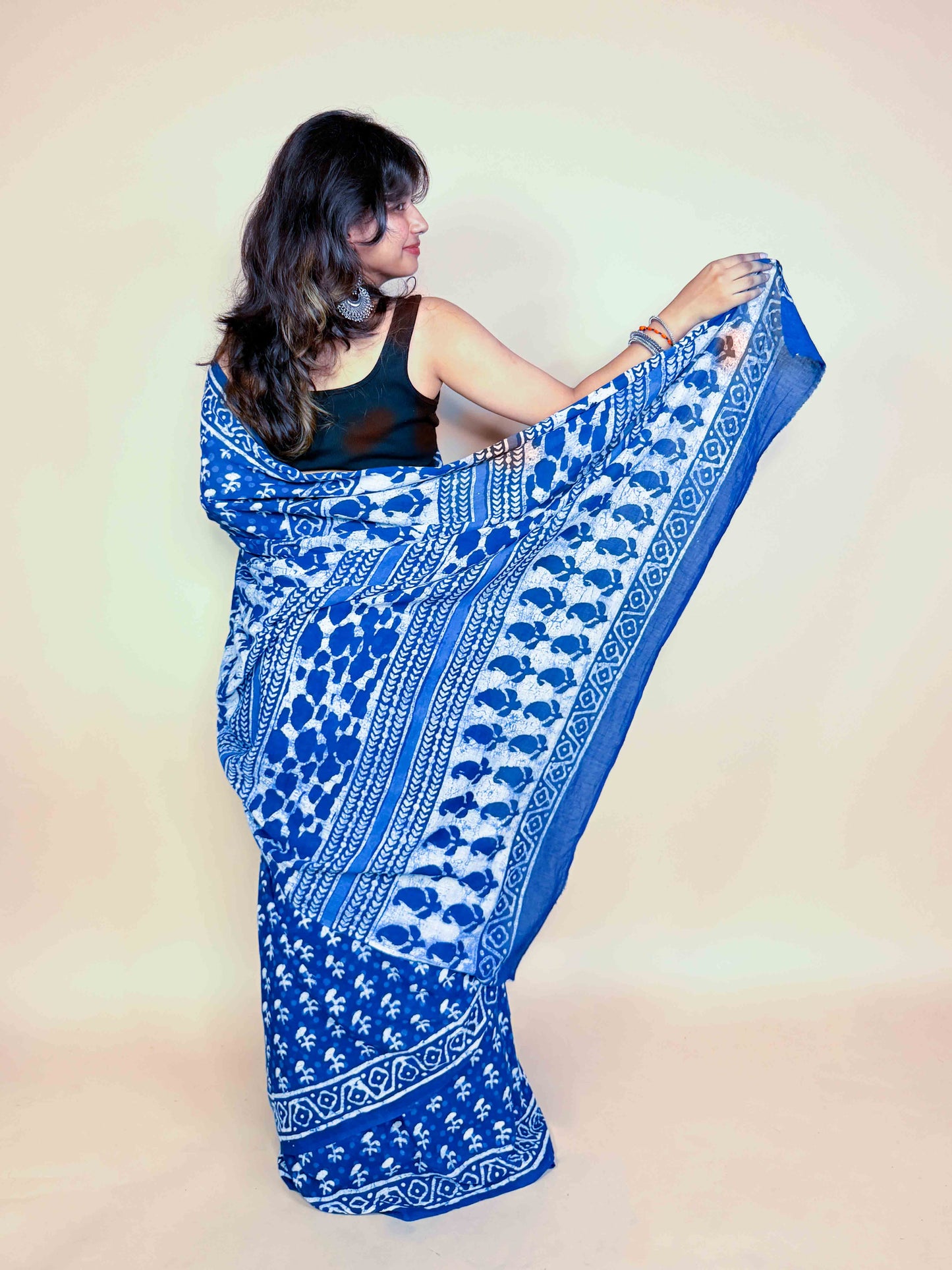 Indigo Blue Handblock Printed Cotton Saree