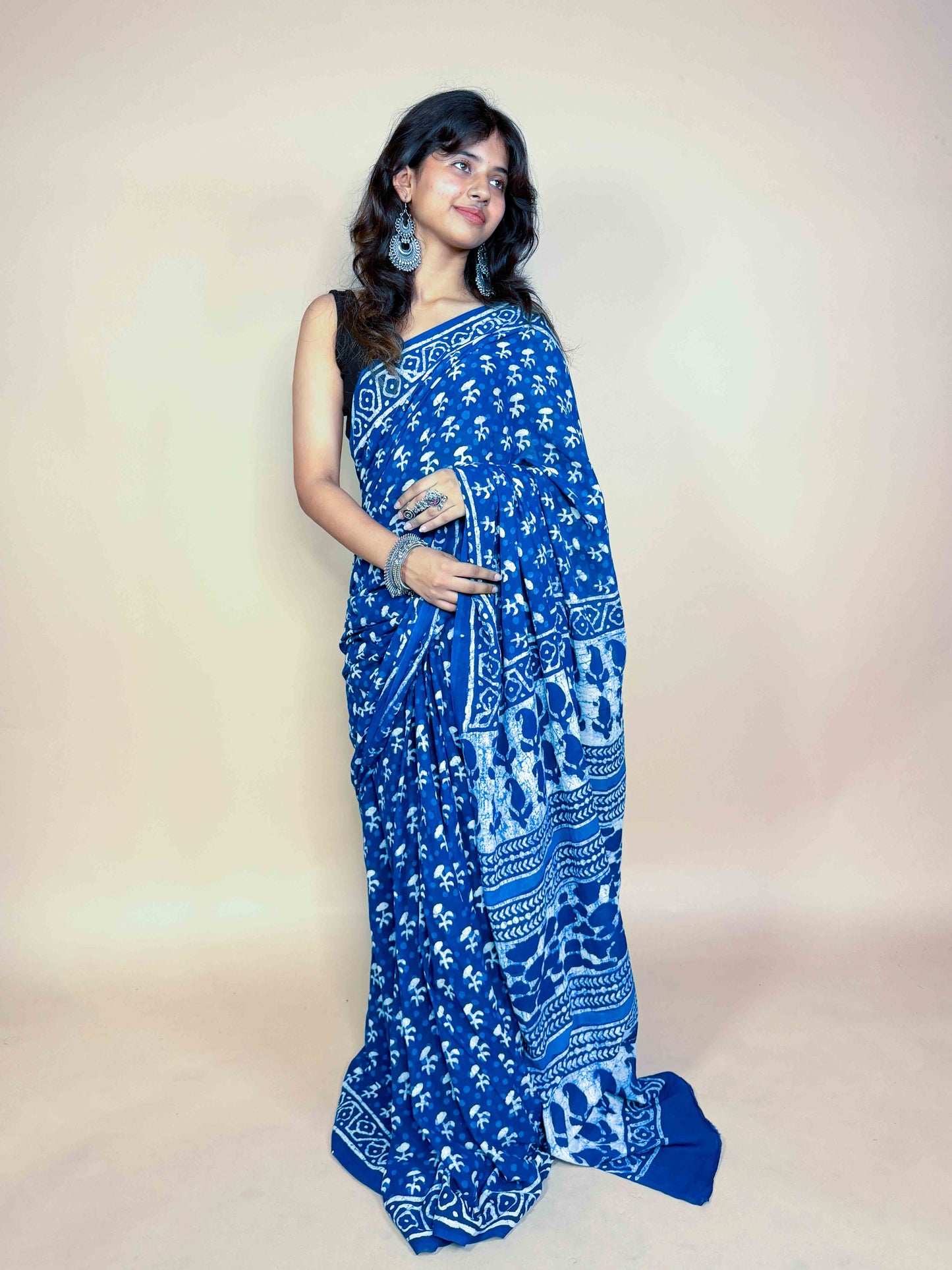 Indigo Blue Handblock Printed Cotton Saree