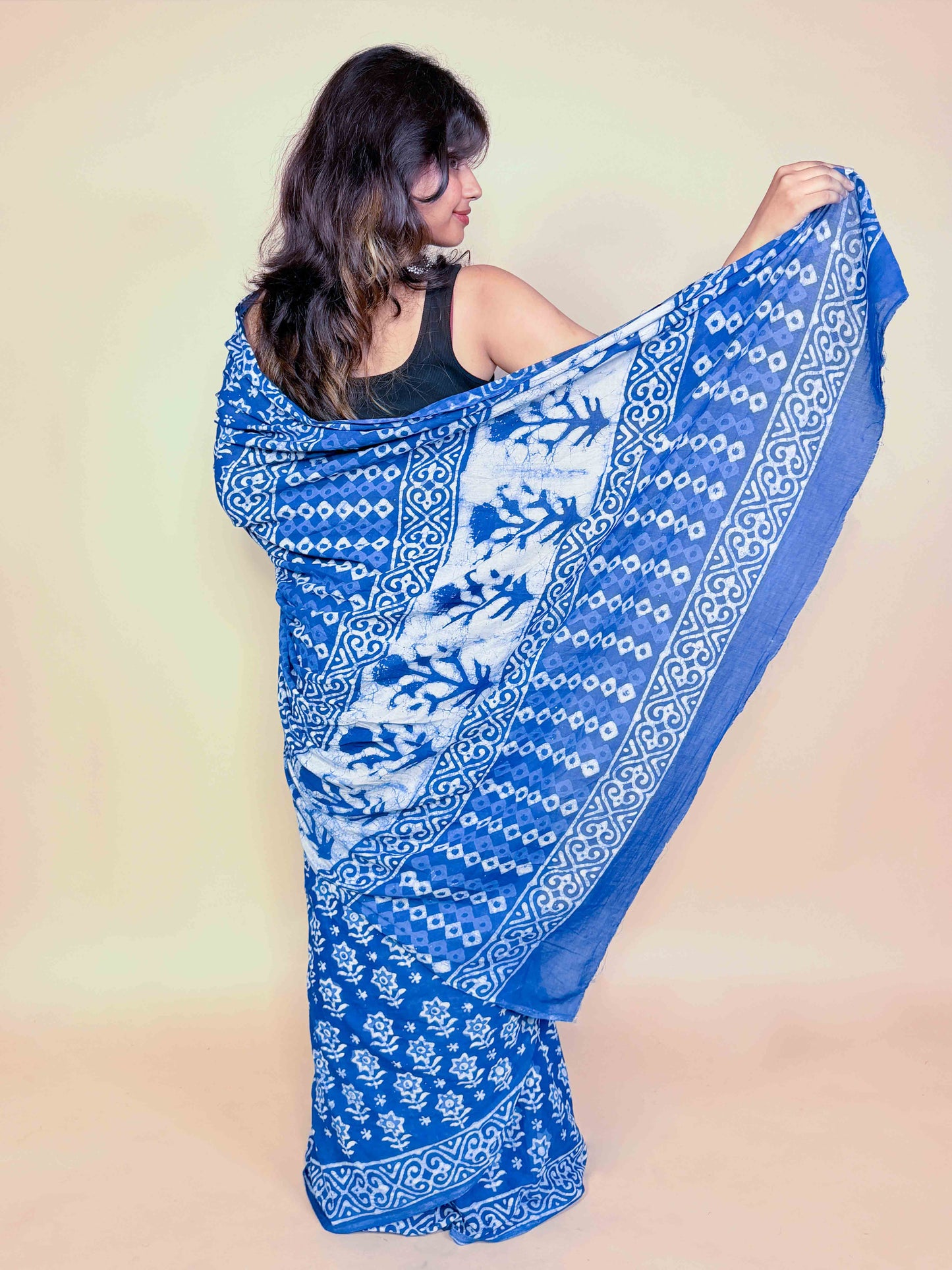 Indigo Blue Handblock Printed Cotton Saree