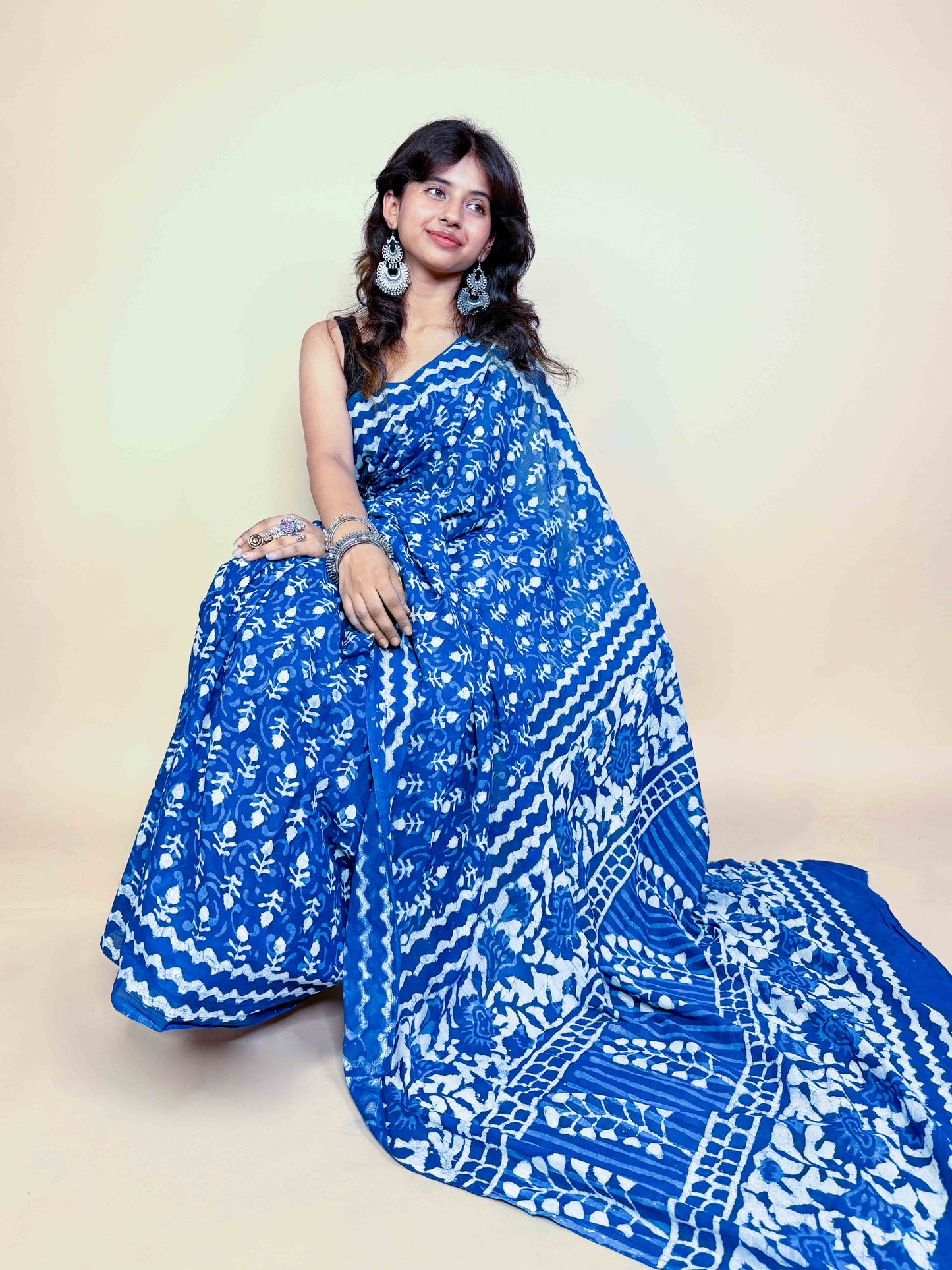 Indigo Blue Handblock Printed Cotton Saree