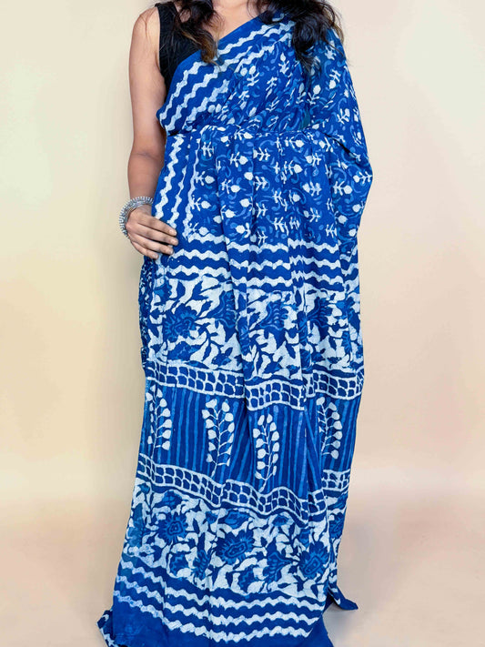 Indigo Blue Handblock Printed Cotton Saree