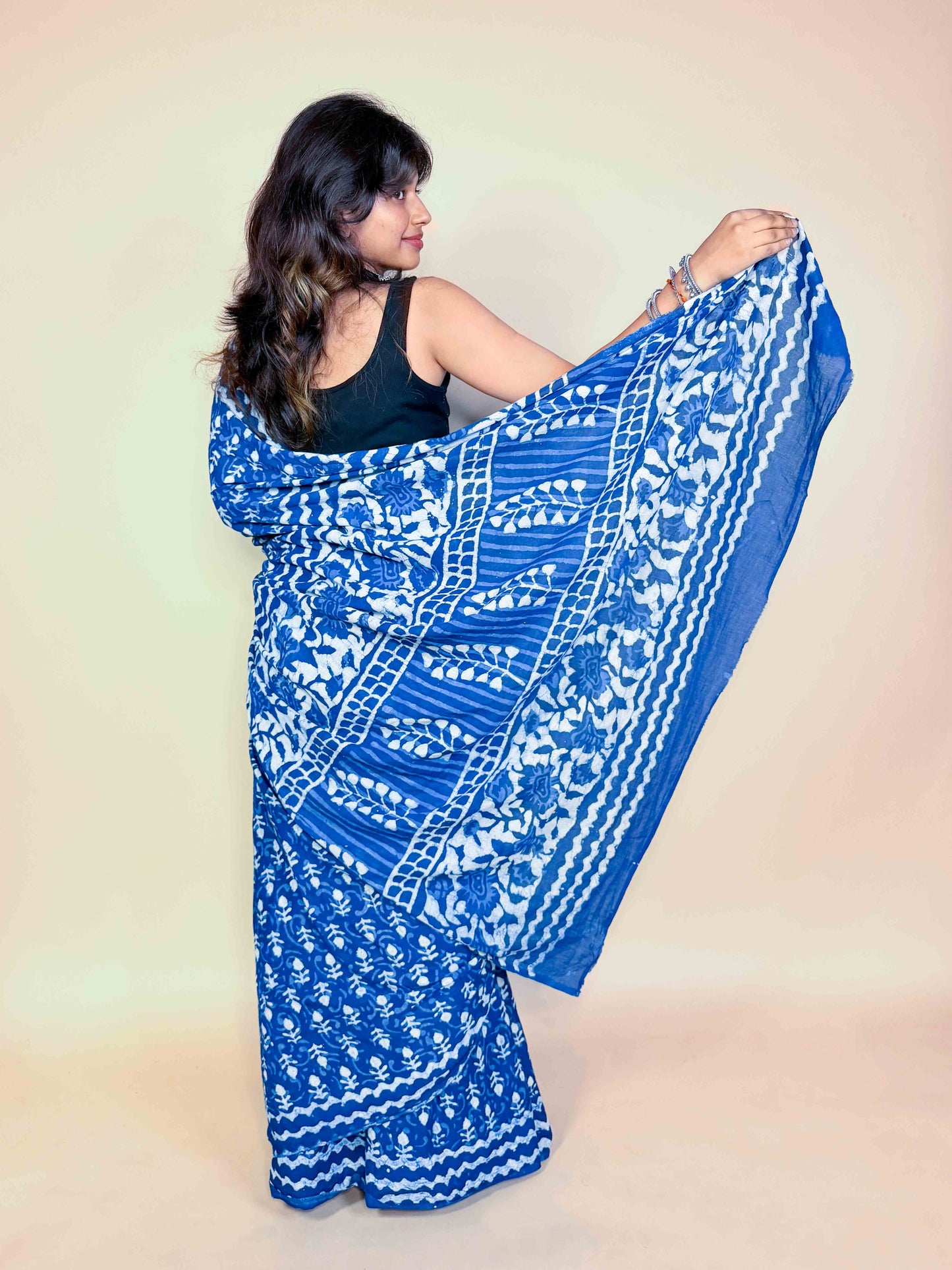 Indigo Blue Handblock Printed Cotton Saree