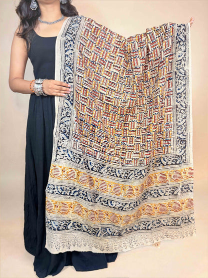 Cream Kalamkari Handblock Printed Cotton Dupatta