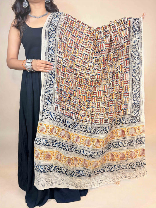Cream Kalamkari Handblock Printed Cotton Dupatta