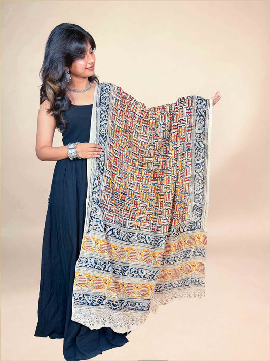 Cream Kalamkari Handblock Printed Cotton Dupatta
