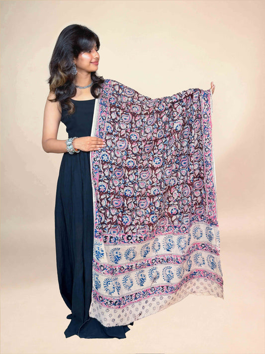 Deep Maroon Kalamkari Handblock Printed Cotton Dupatta