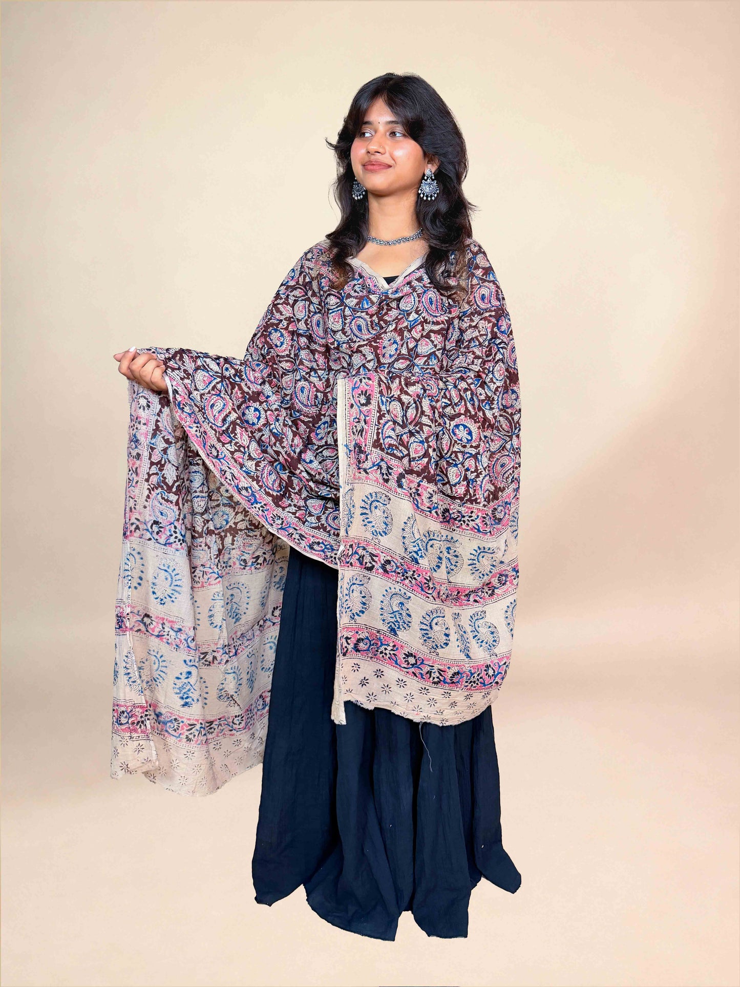 Deep Maroon Kalamkari Handblock Printed Cotton Dupatta