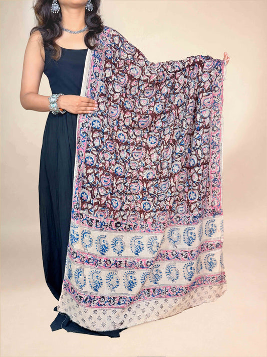 Deep Maroon Kalamkari Handblock Printed Cotton Dupatta