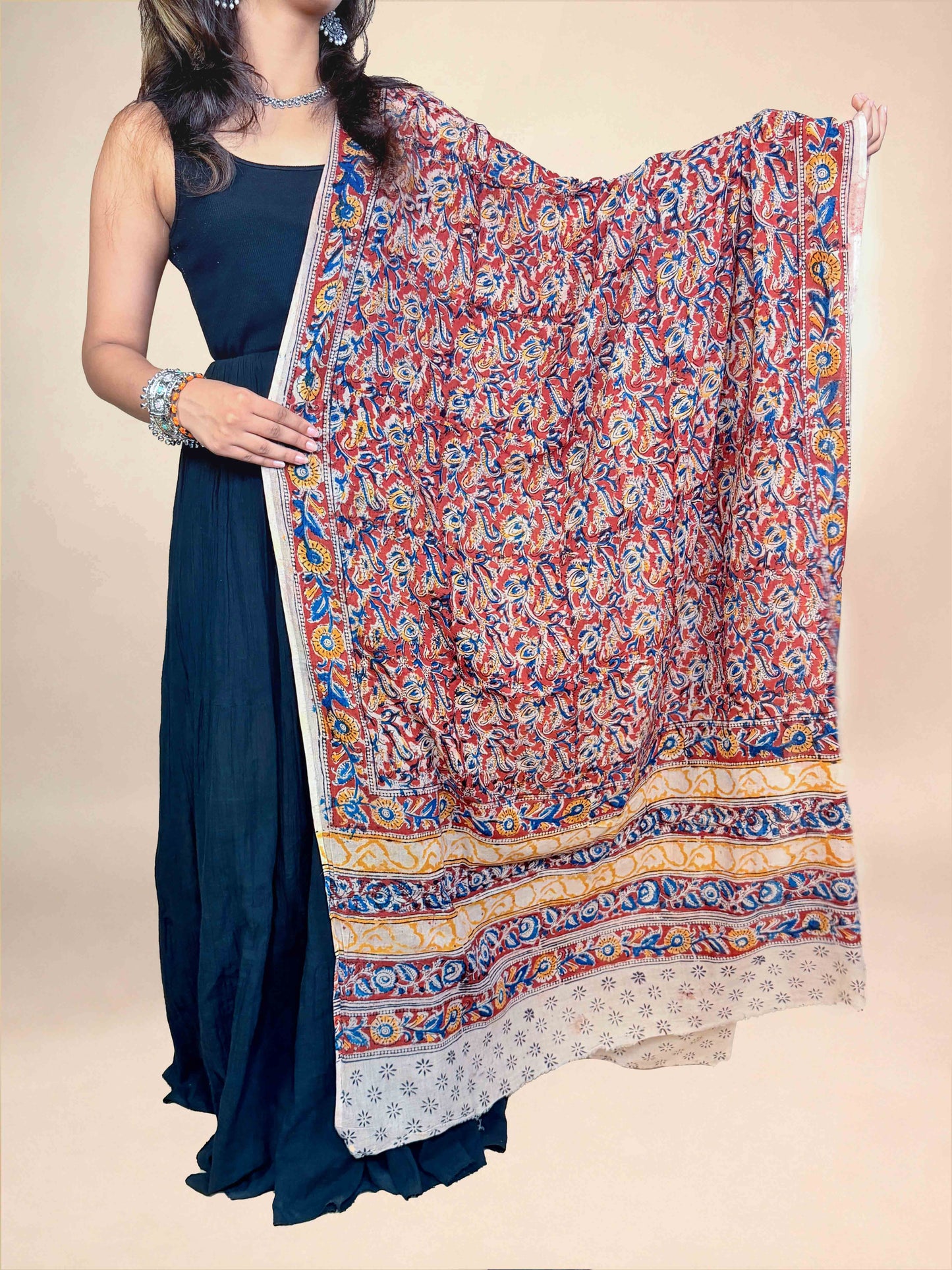 Beige Kalamkari Handblock Printed Cotton Dupatta