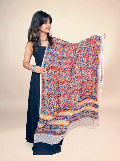 Beige Kalamkari Handblock Printed Cotton Dupatta