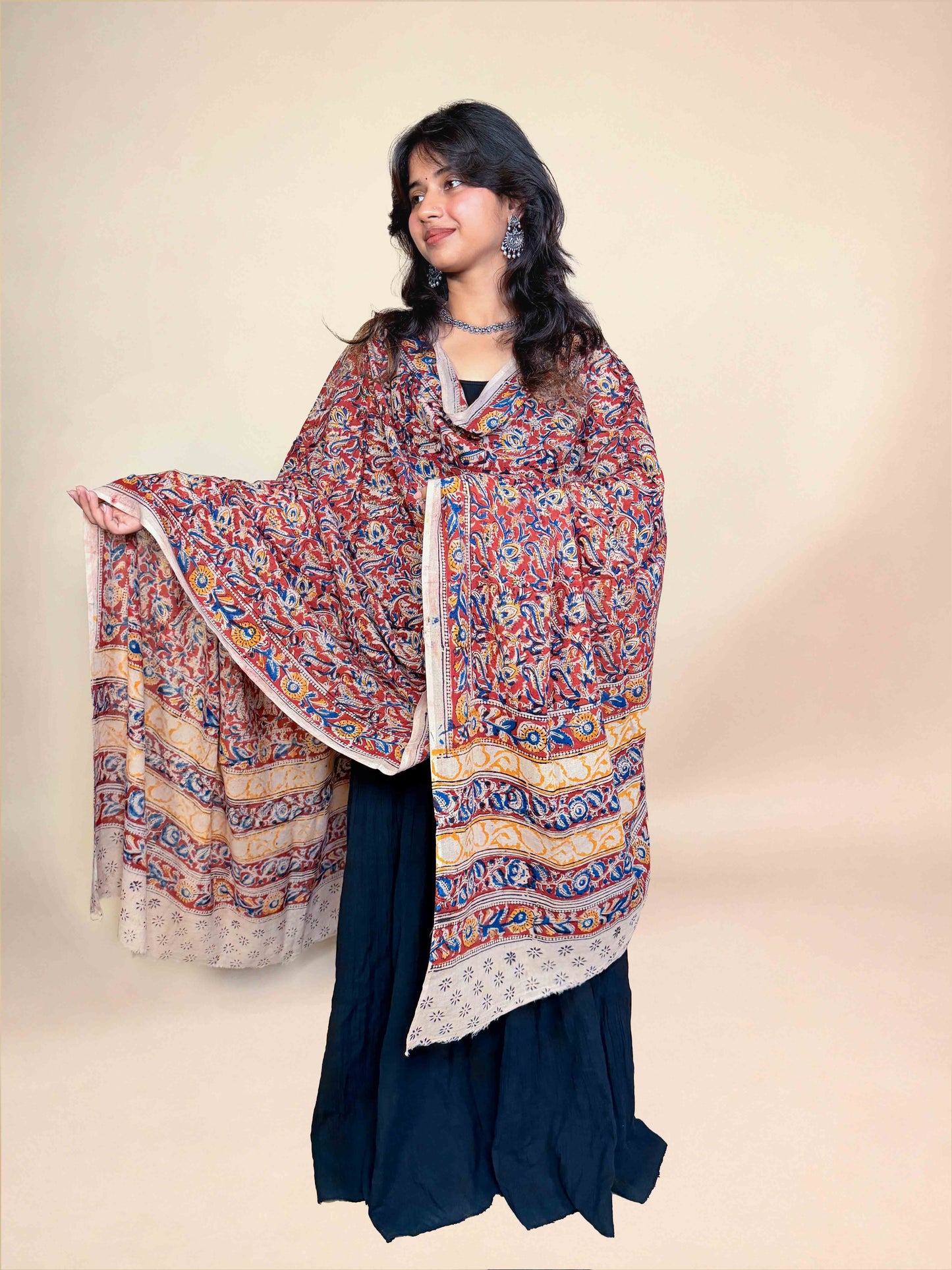 Beige Kalamkari Handblock Printed Cotton Dupatta