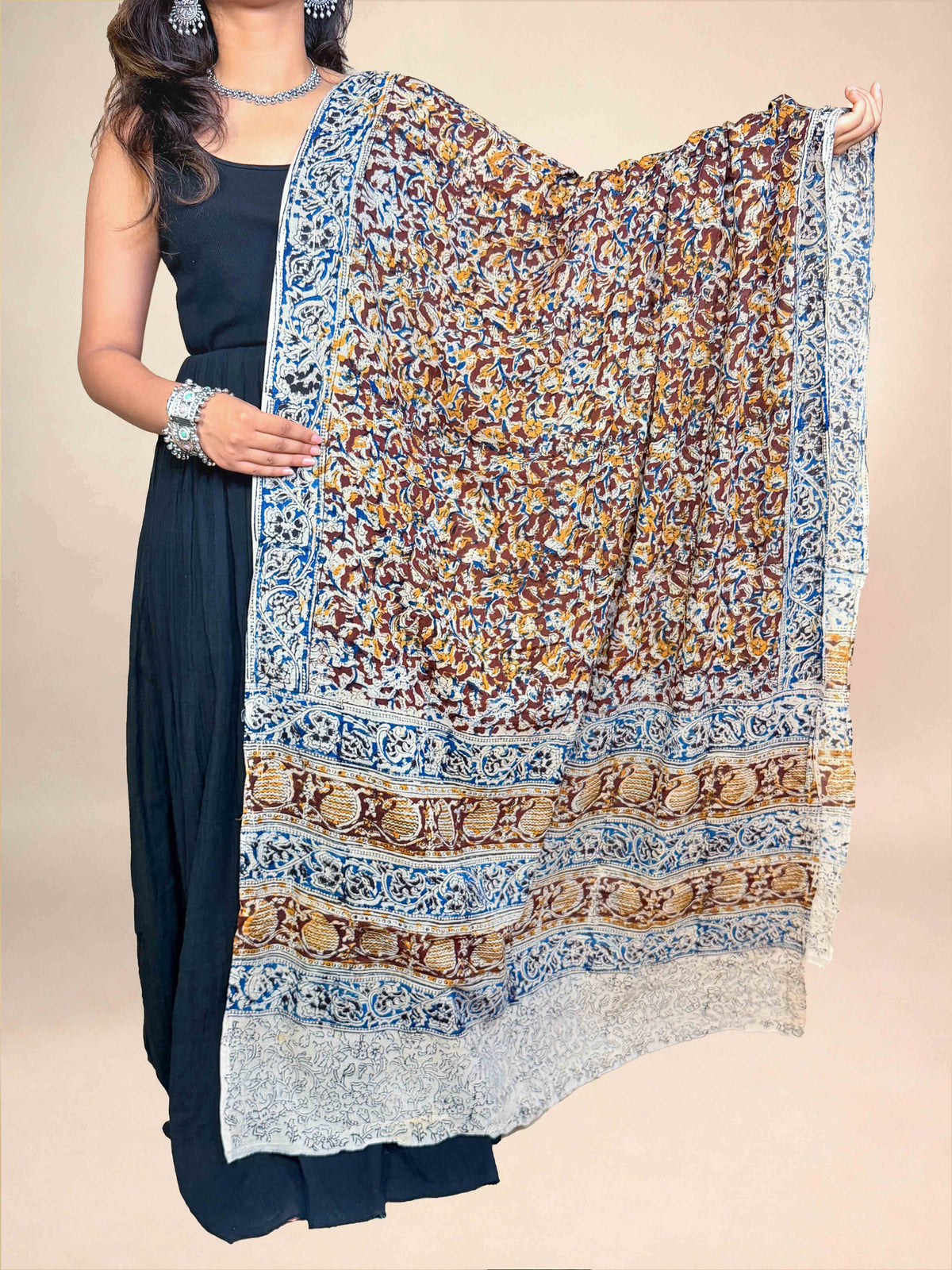 Cream Kalamkari Handblock Printed Cotton Dupatta