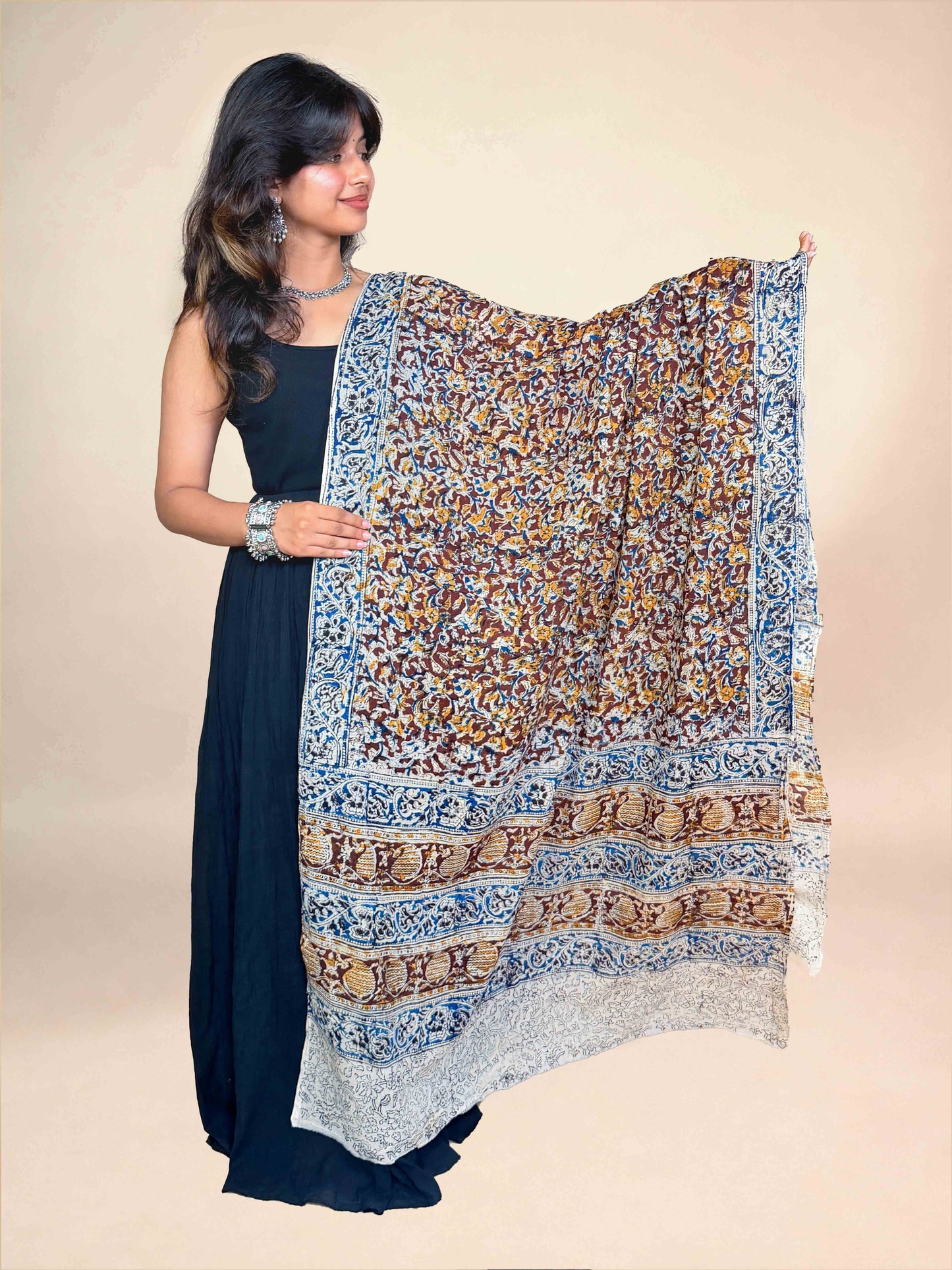 Cream Kalamkari Handblock Printed Cotton Dupatta