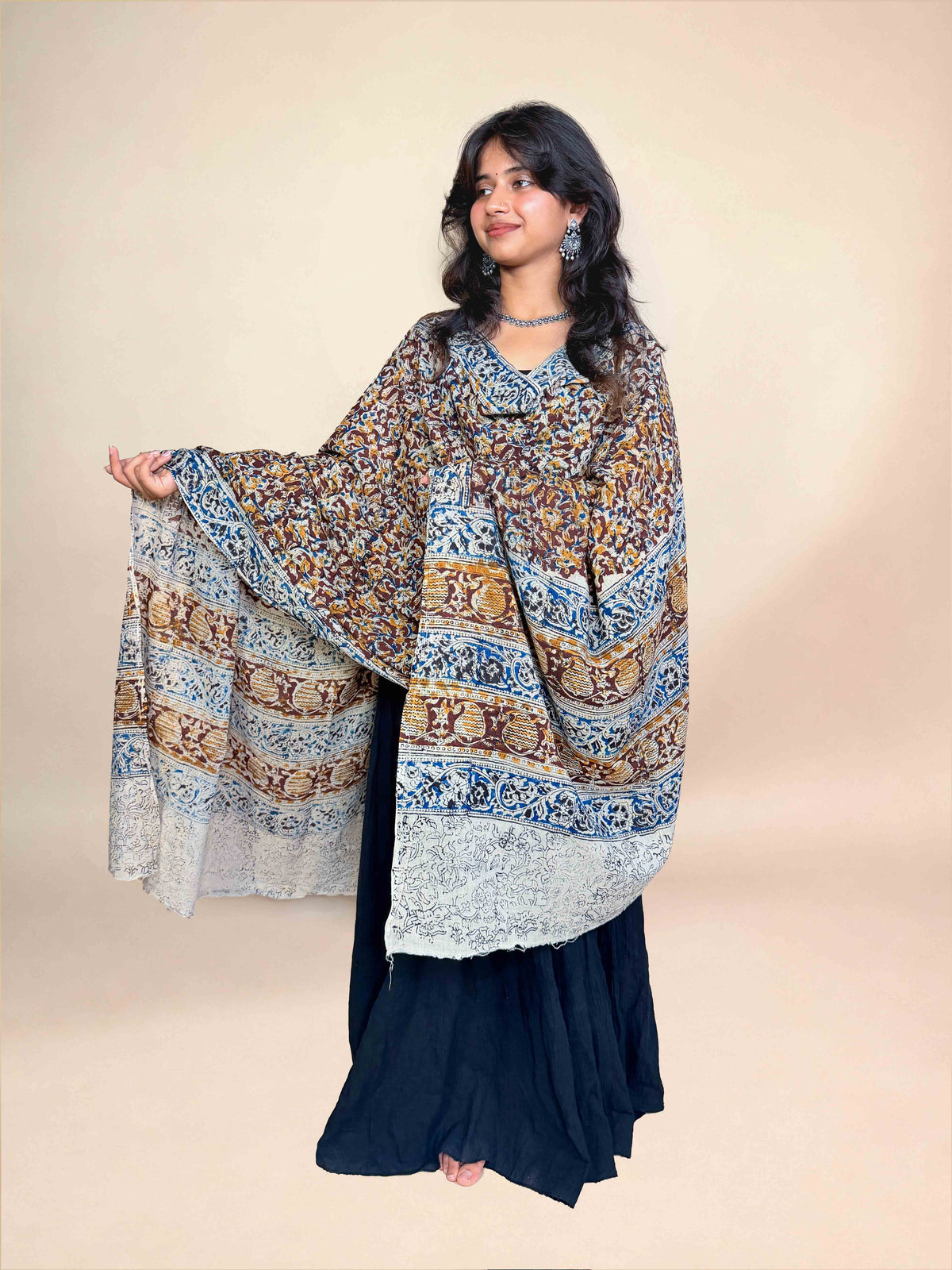 Cream Kalamkari Handblock Printed Cotton Dupatta