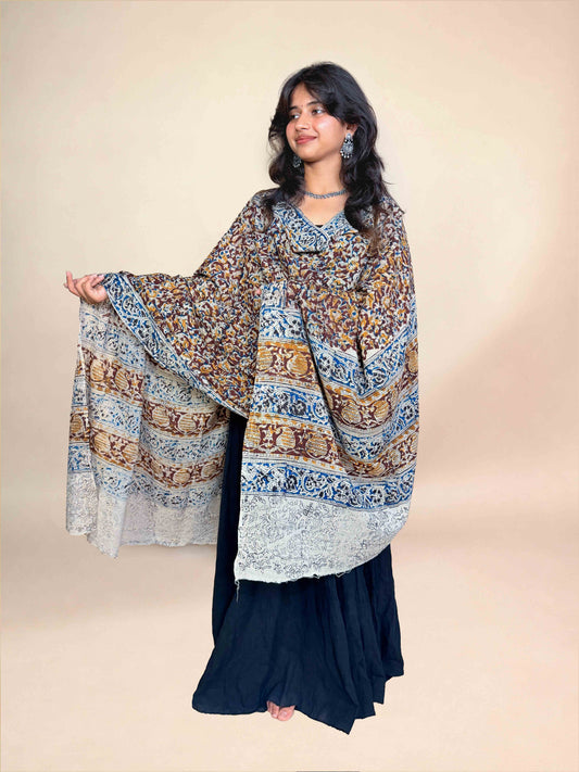 Cream Kalamkari Handblock Printed Cotton Dupatta