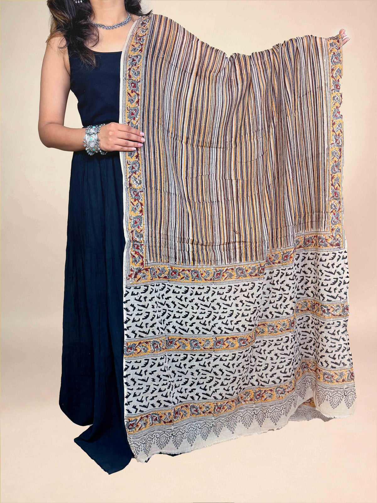 Cream & Mustard Kalamkari Handblock Printed Cotton Dupatta