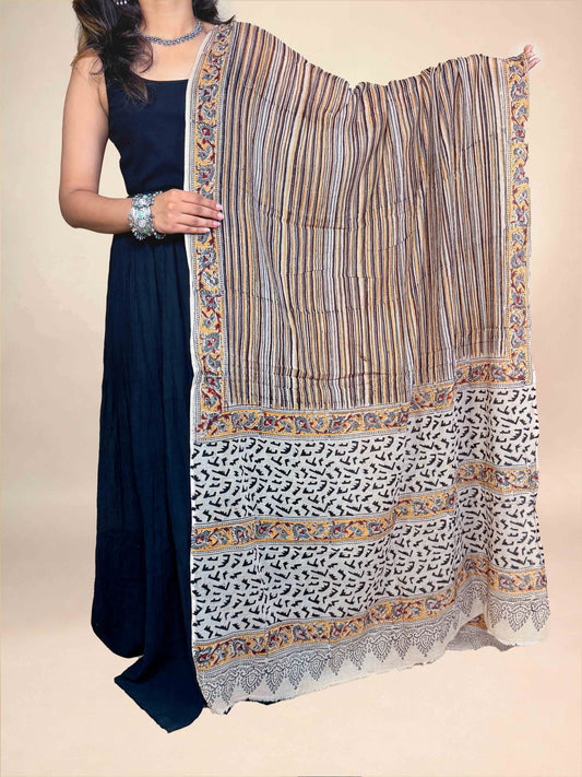 Cream & Mustard Kalamkari Handblock Printed Cotton Dupatta