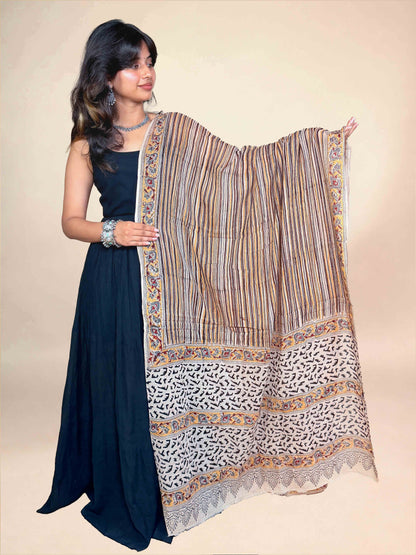 Cream & Mustard Kalamkari Handblock Printed Cotton Dupatta