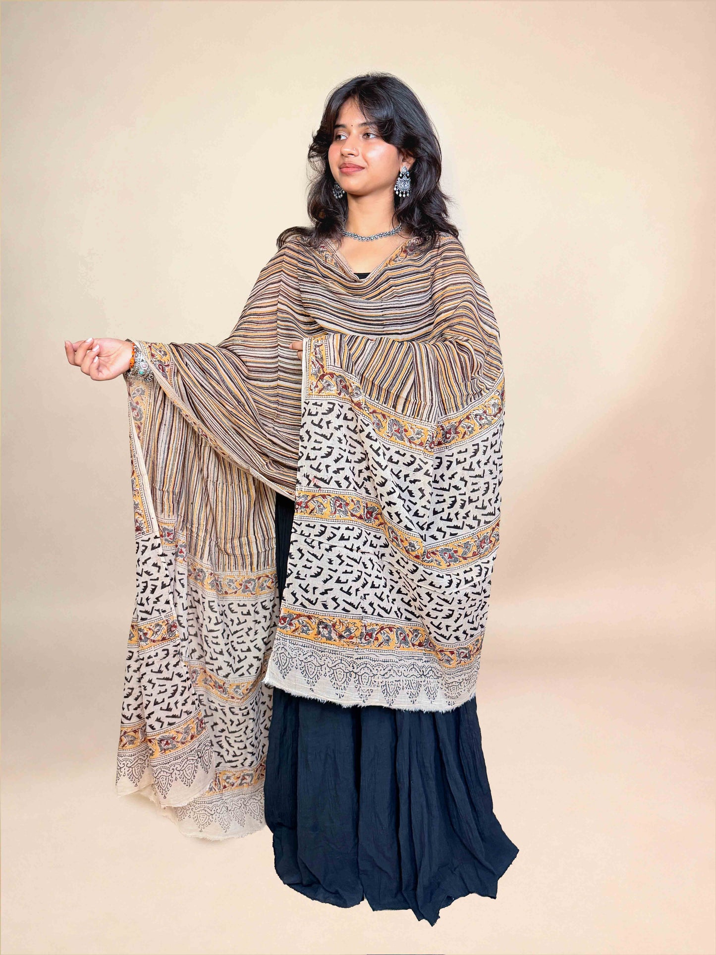 Cream & Mustard Kalamkari Handblock Printed Cotton Dupatta