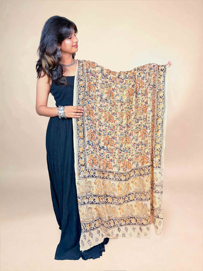 Beige Kalamkari Handblock Printed Cotton Dupatta