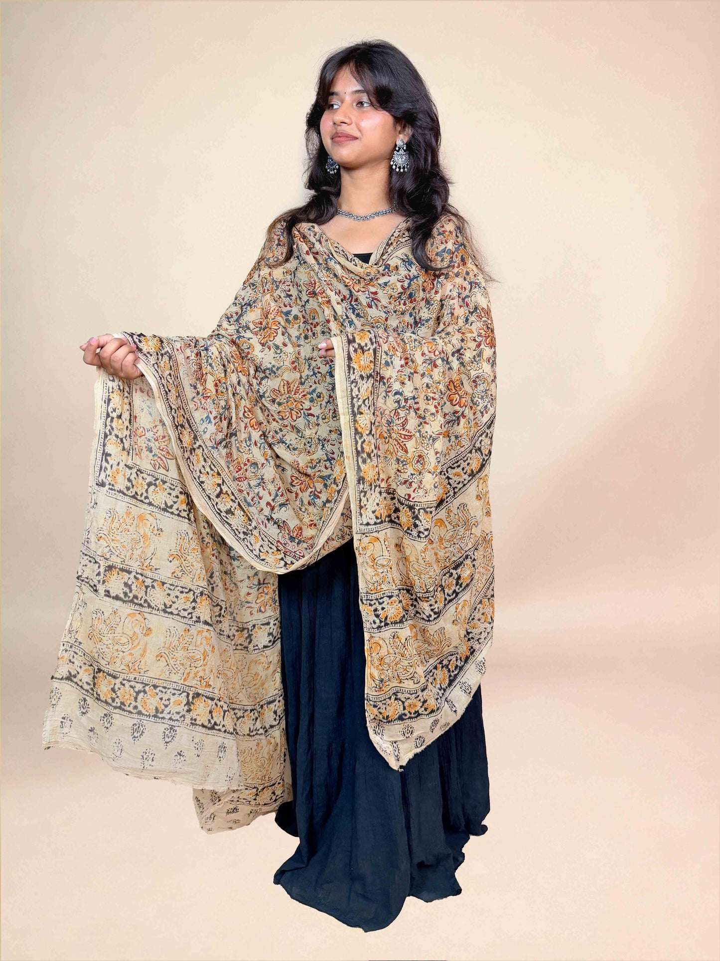 Beige Kalamkari Handblock Printed Cotton Dupatta