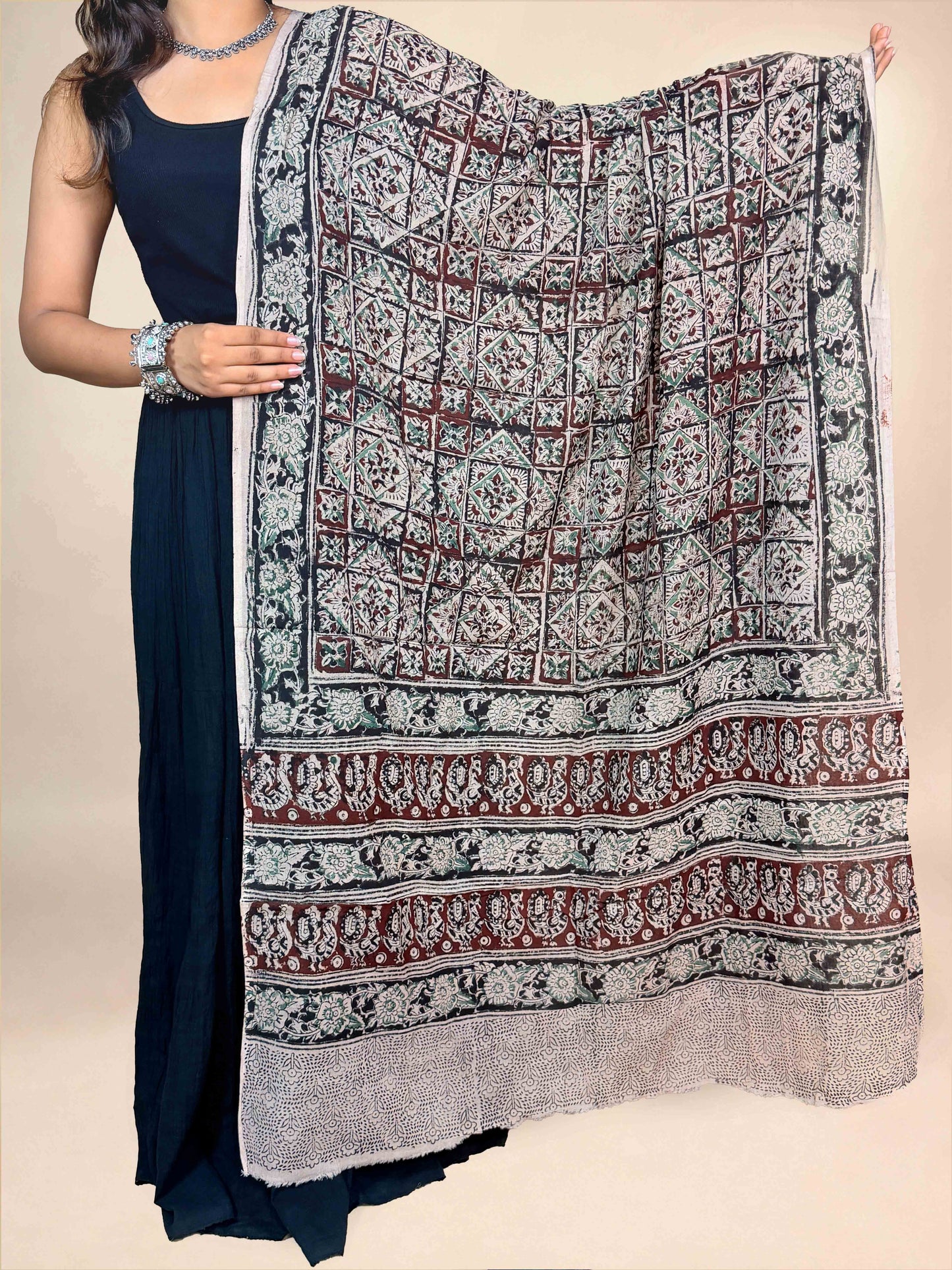 Cream &amp; Brown Kalamkari Handblock Printed Cotton Dupatta