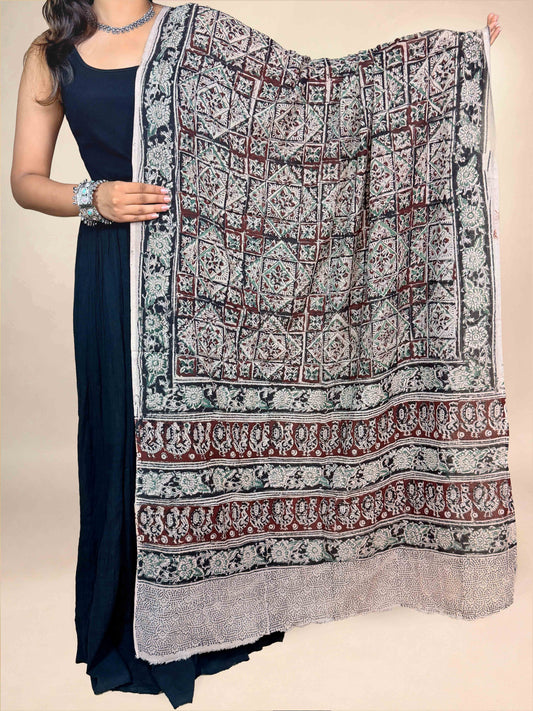 Cream &amp; Brown Kalamkari Handblock Printed Cotton Dupatta