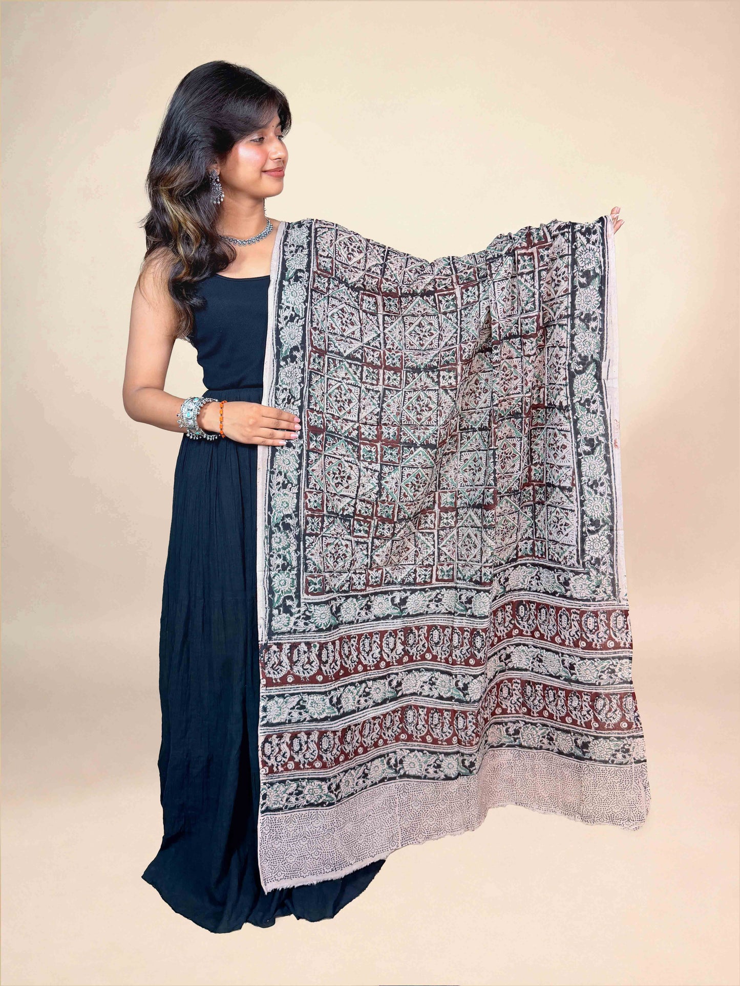 Cream &amp; Brown Kalamkari Handblock Printed Cotton Dupatta