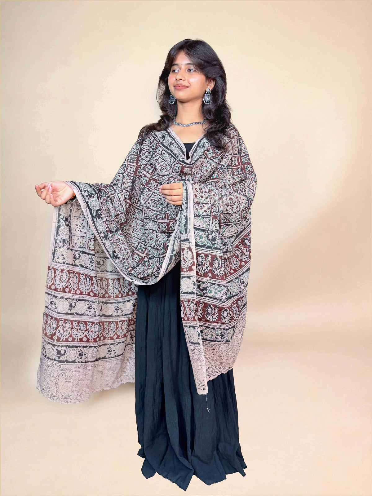 Cream &amp; Brown Kalamkari Handblock Printed Cotton Dupatta
