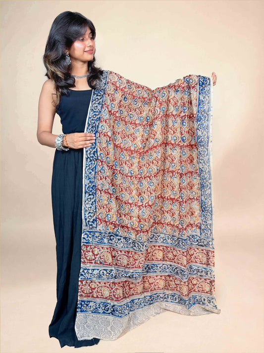 Cream Kalamkari Handblock Printed Cotton Dupatta