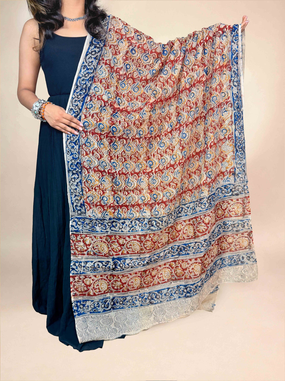 Cream Kalamkari Handblock Printed Cotton Dupatta