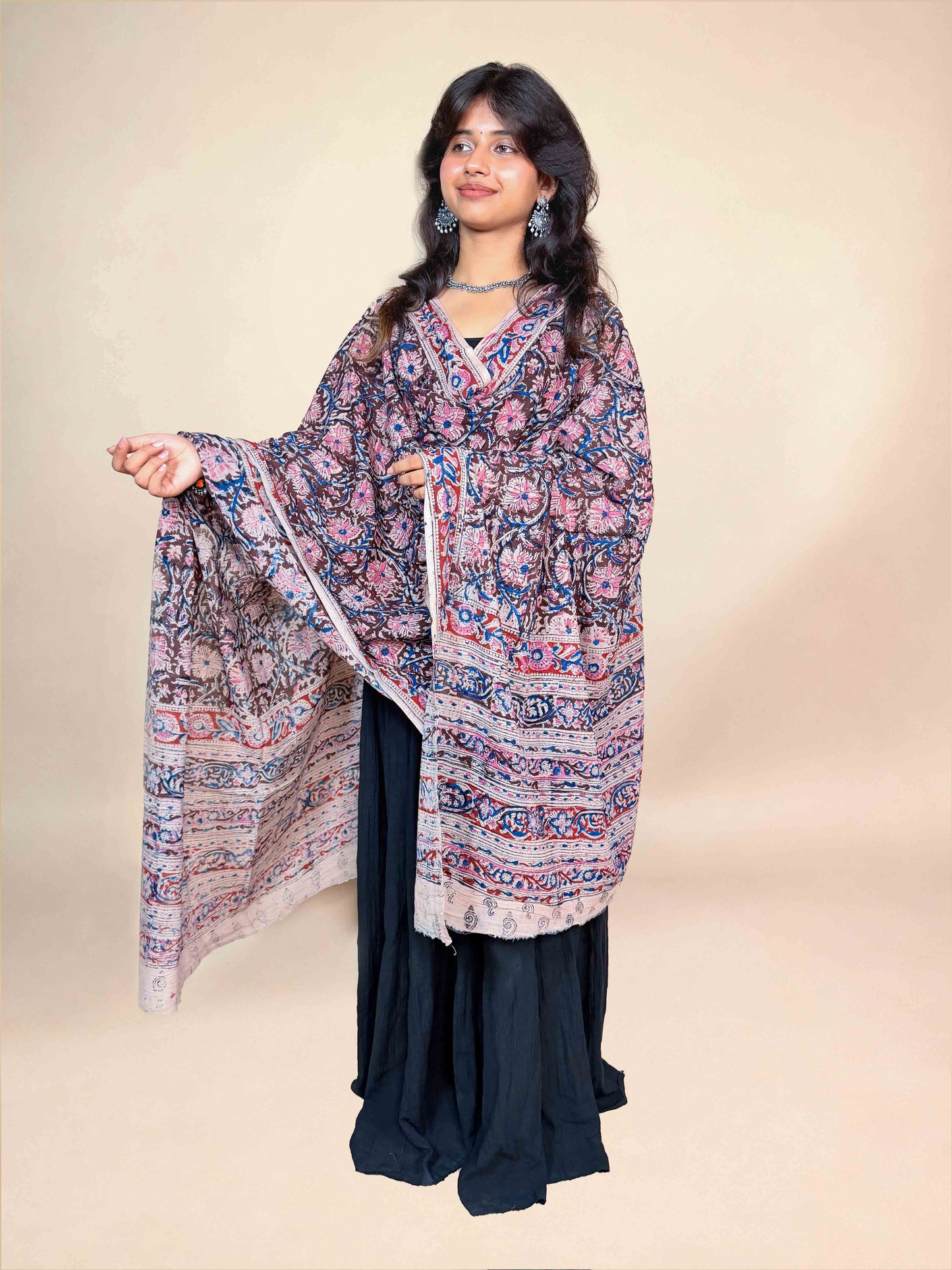 Deep Plum Brown Kalamkari Handblock Printed Cotton Dupatta