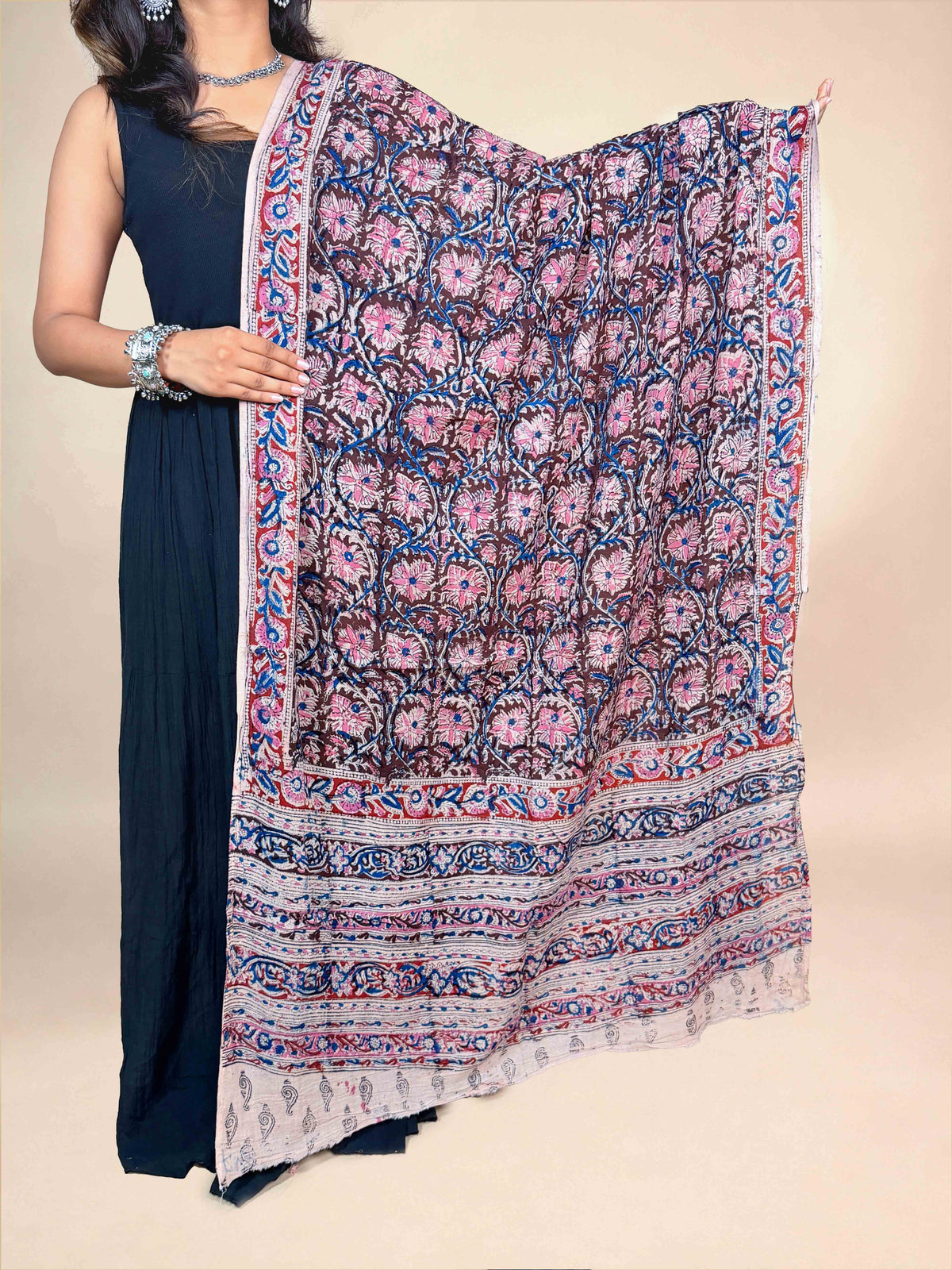 Deep Plum Brown Kalamkari Handblock Printed Cotton Dupatta