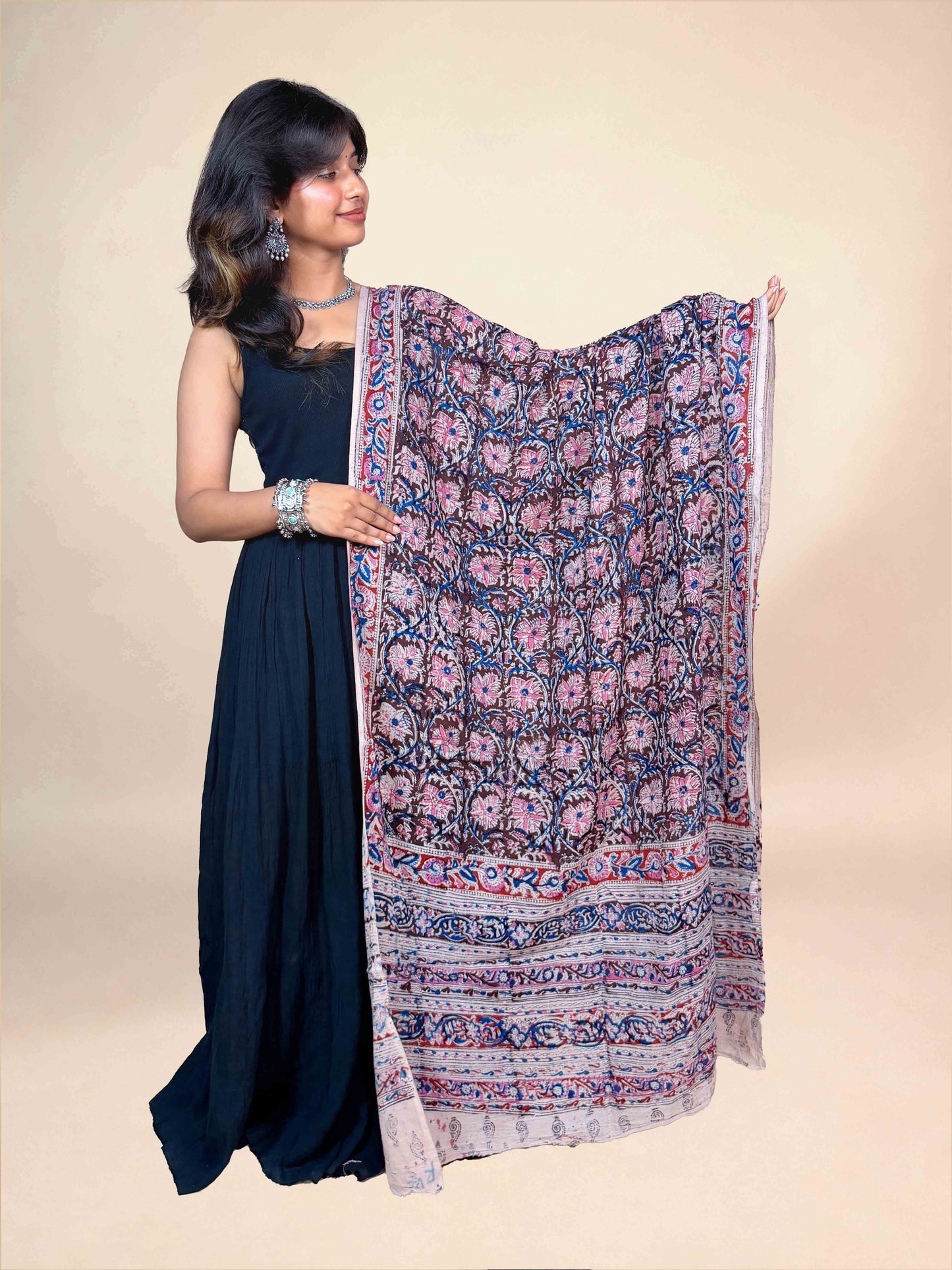 Deep Plum Brown Kalamkari Handblock Printed Cotton Dupatta
