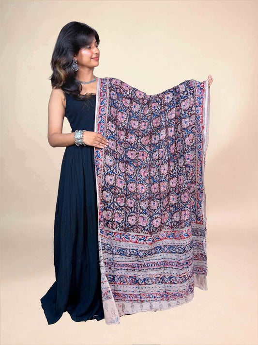 Deep Plum Brown Kalamkari Handblock Printed Cotton Dupatta