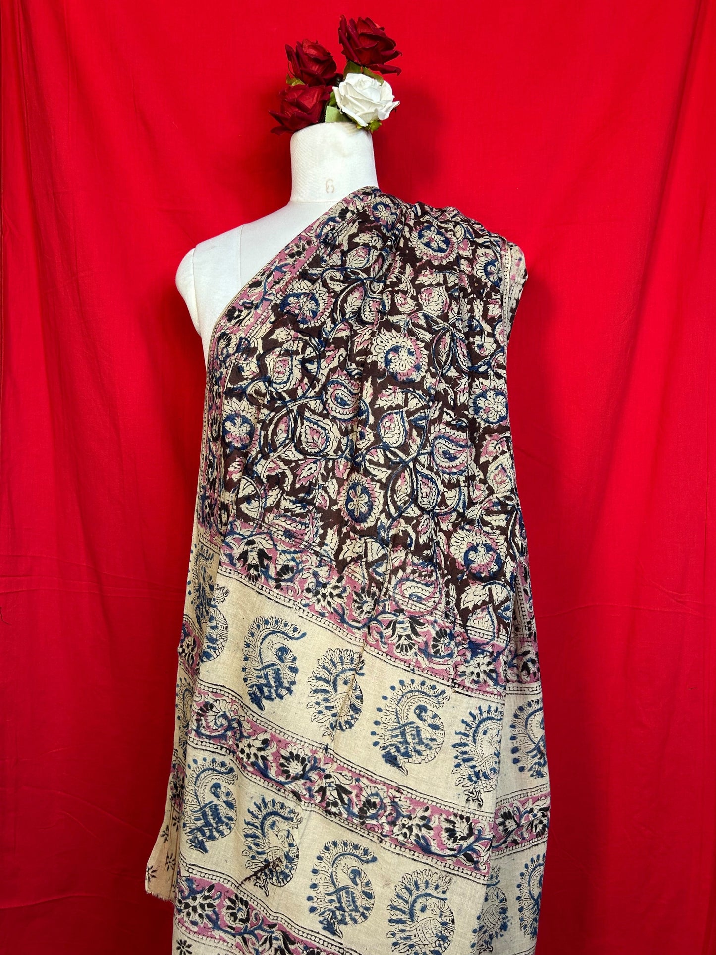 Kalamkari Handblock Printed Cotton Dupatta for Women in Cream Floral Design
