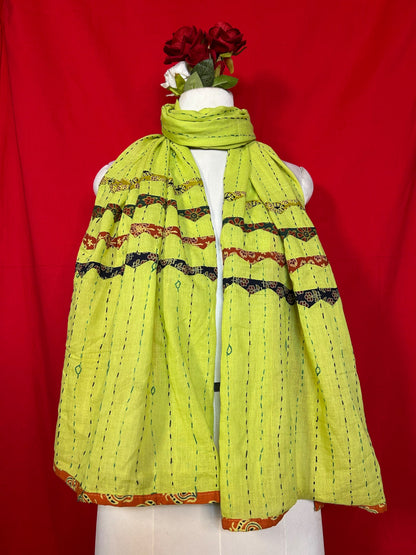Kantha Patchwork Cotton Dupatta for Women in Lime Green Traditional Handmade Design