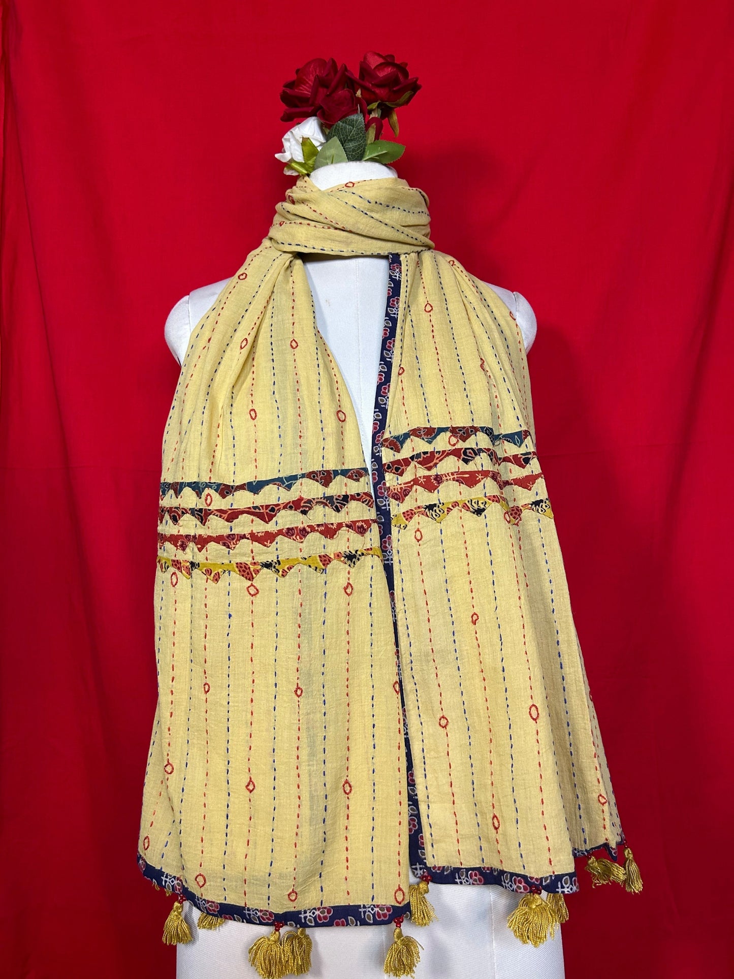 Kantha Patchwork Cotton Dupatta in Beige with Traditional Handcrafted Embroidery Design