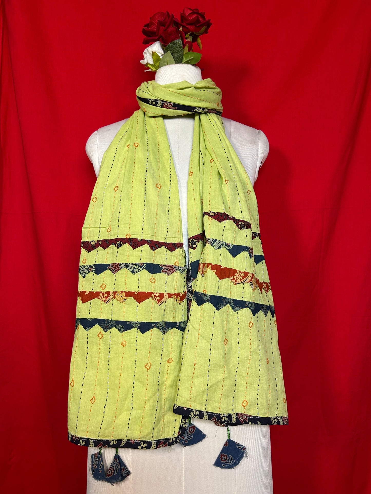 Kantha Patchwork Cotton Dupatta in Lime Green with Traditional Handcrafted Stitch Work