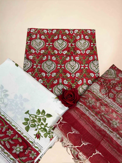 Crimson Kota Handblock Printed Cotton Suit Set