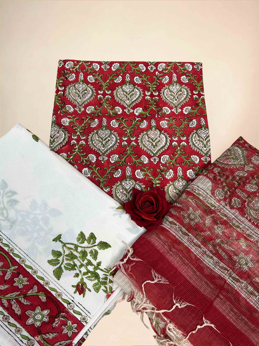 Crimson Kota Handblock Printed Cotton Suit Set