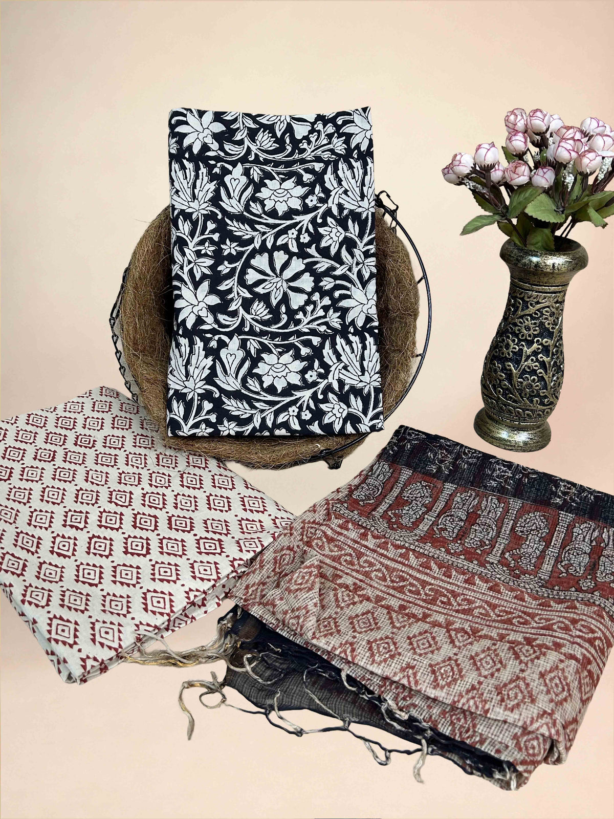 Maroon Kota Handblock Printed Cotton Suit Set