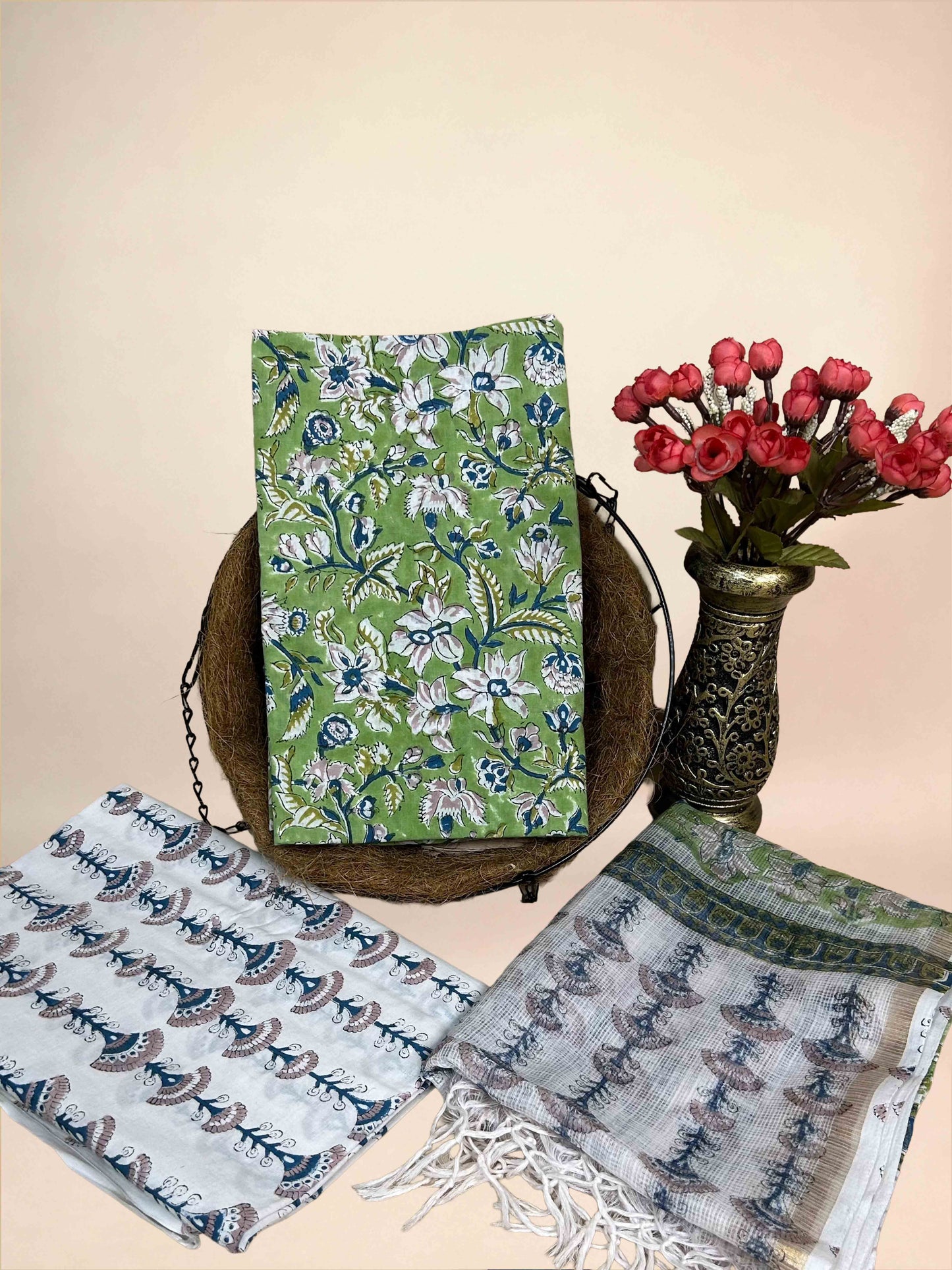 Olive Kota Handblock Printed Cotton Suit Set